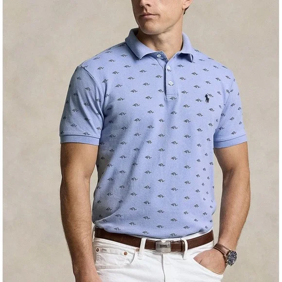 Polo Ralph Lauren Men's Classic Fit Stretch Monogram Polo‎ Shirt Blue LARGE NEW